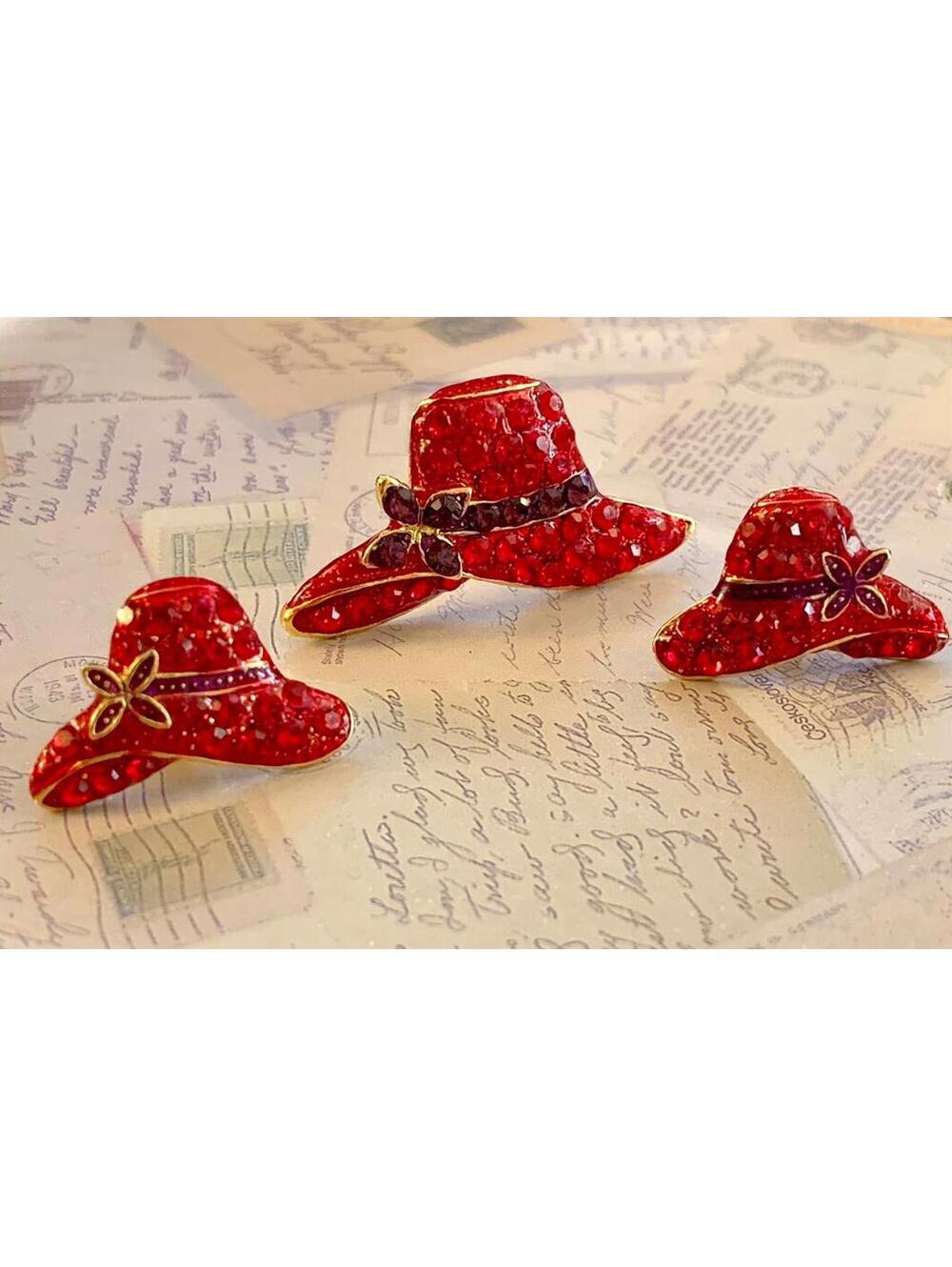 Vintage Red Rhinestone Hat Brooch Earrings Set "Red Hat Society" Style Parure